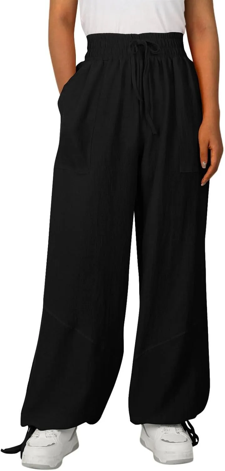 Linen Pants for Women Wide Leg High Waisted Drawstring Elastic Waist Trousers Solid Color Lounge Pants with Pockets