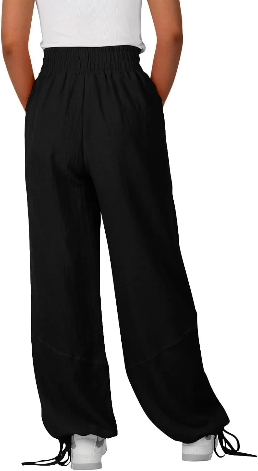 Linen Pants for Women Wide Leg High Waisted Drawstring Elastic Waist Trousers Solid Color Lounge Pants with Pockets