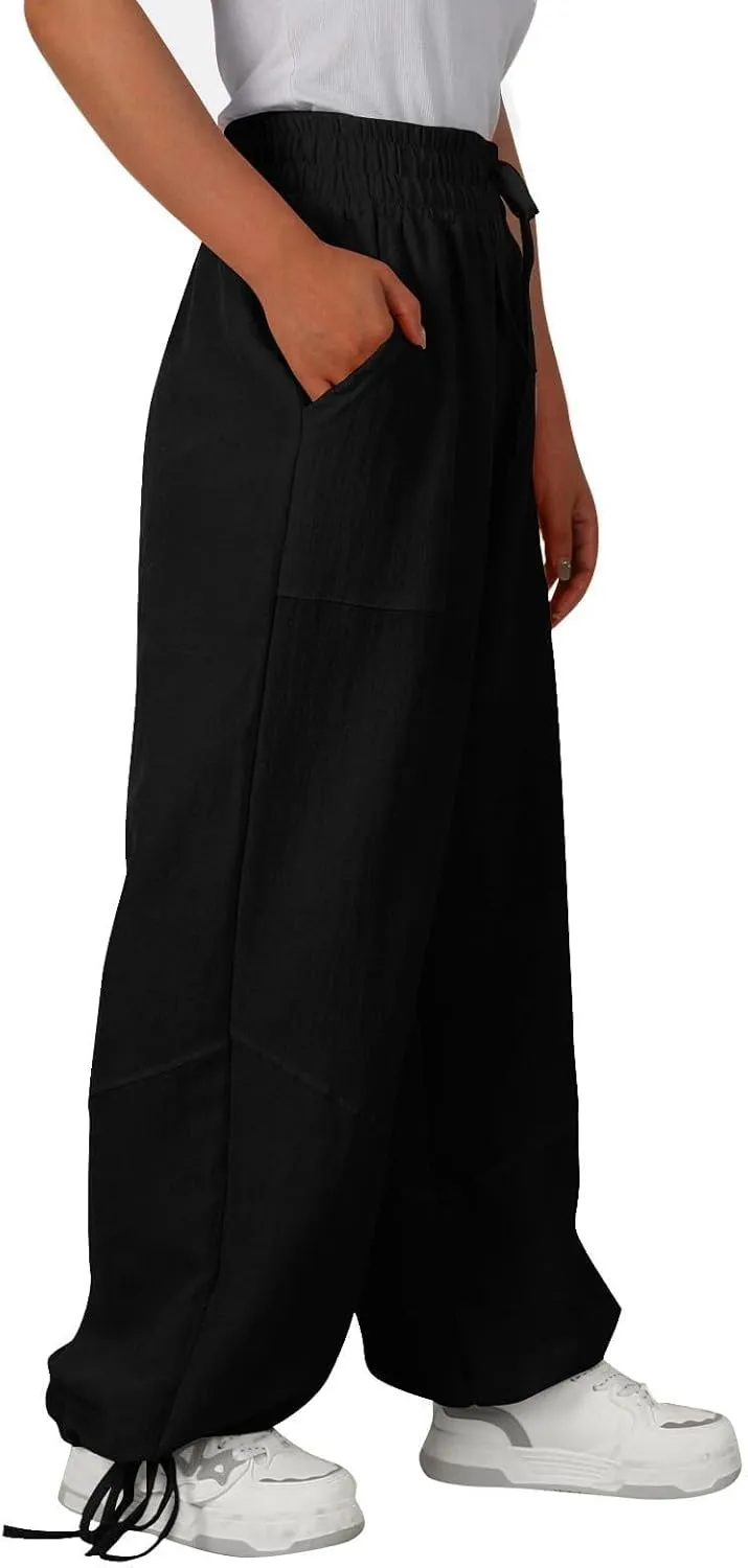 Linen Pants for Women Wide Leg High Waisted Drawstring Elastic Waist Trousers Solid Color Lounge Pants with Pockets