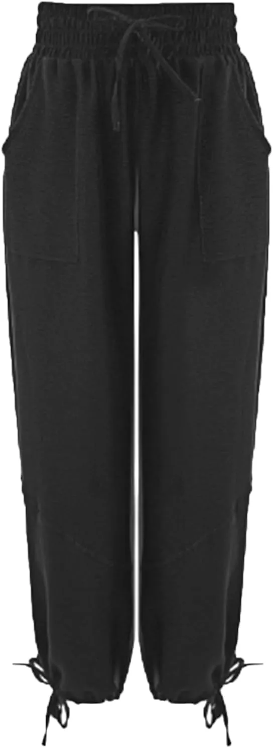 Linen Pants for Women Wide Leg High Waisted Drawstring Elastic Waist Trousers Solid Color Lounge Pants with Pockets