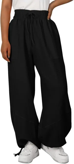 Linen Pants for Women Wide Leg High Waisted Drawstring Elastic Waist Trousers Solid Color Lounge Pants with Pockets