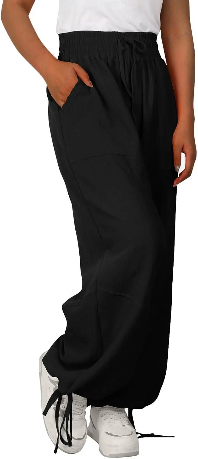 Linen Pants for Women Wide Leg High Waisted Drawstring Elastic Waist Trousers Solid Color Lounge Pants with Pockets