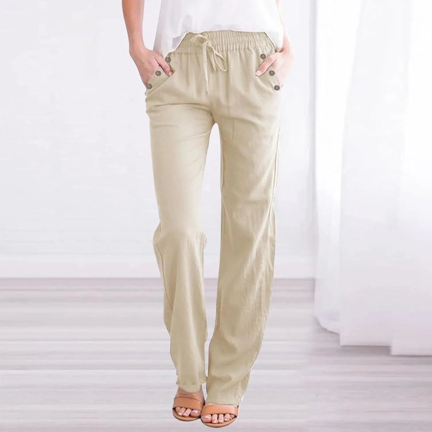 Linen Pants Women 2025 Summer Drawstring Elastic High Waisted Straight Leg Trousers Baggy Lounge Pants with Pockets