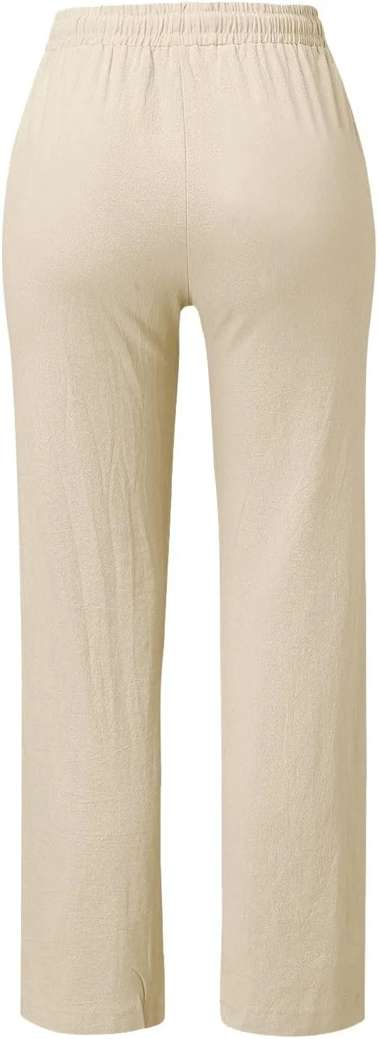 Linen Pants Women 2025 Summer Drawstring Elastic High Waisted Straight Leg Trousers Baggy Lounge Pants with Pockets