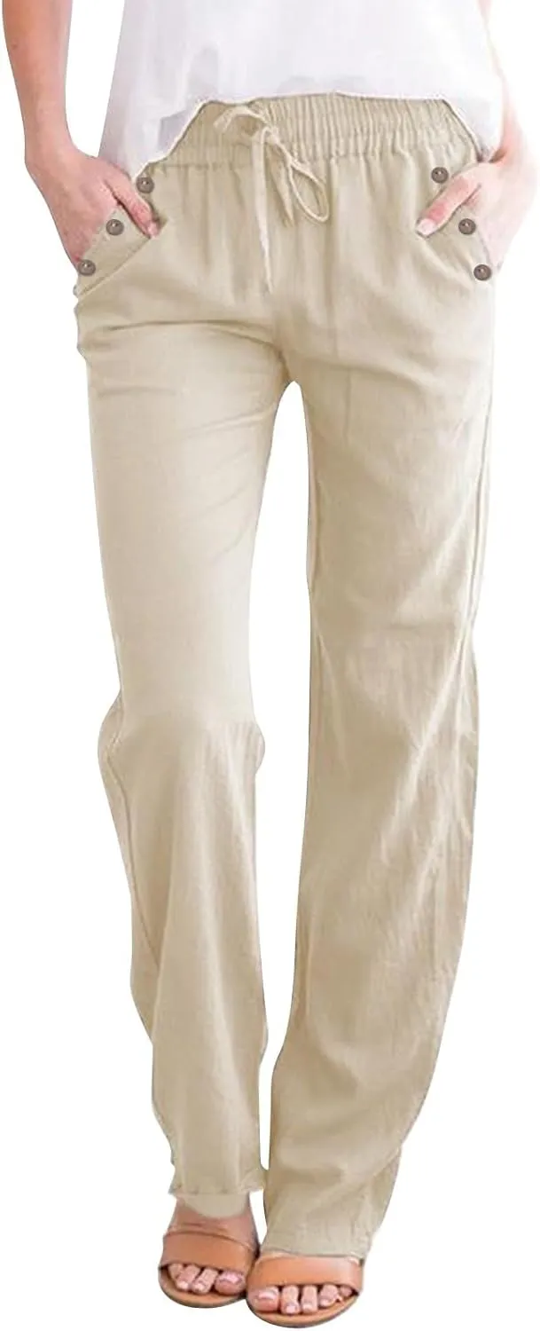Linen Pants Women 2025 Summer Drawstring Elastic High Waisted Straight Leg Trousers Baggy Lounge Pants with Pockets