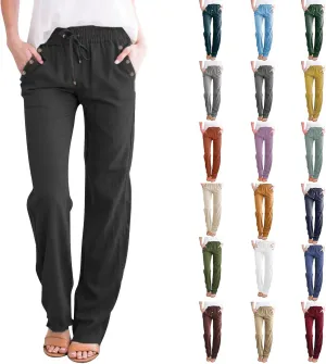 Linen Pants Women 2025 Summer Drawstring Elastic High Waisted Straight Leg Trousers Baggy Lounge Pants with Pockets