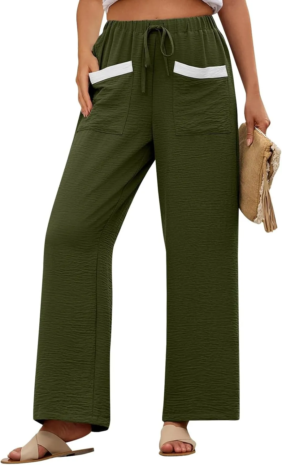 Linen Pants Women 2025 Summer Drawstring Elastic High Waisted Wide Leg Beach Pants Lounge Baggy Vacation Trousers w/Pockets