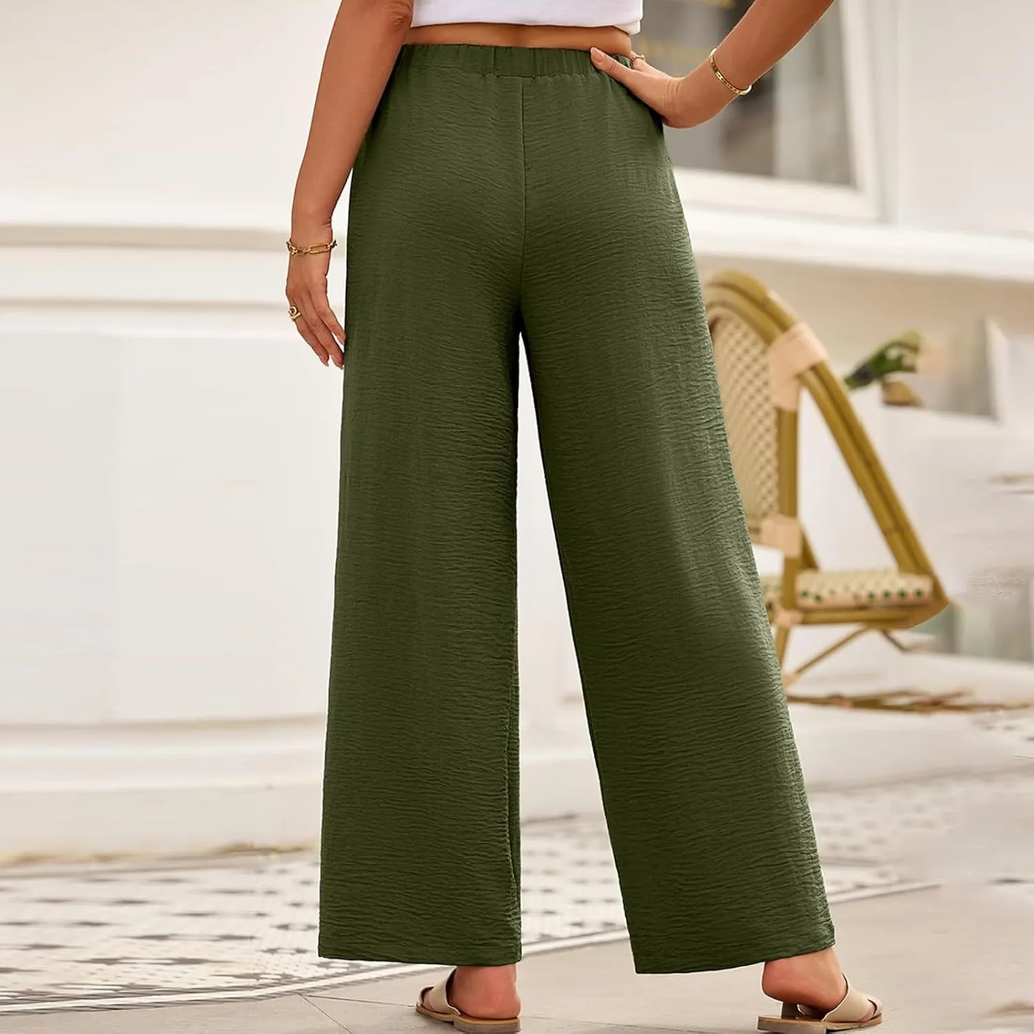 Linen Pants Women 2025 Summer Drawstring Elastic High Waisted Wide Leg Beach Pants Lounge Baggy Vacation Trousers w/Pockets