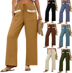 Linen Pants Women 2025 Summer Drawstring Elastic High Waisted Wide Leg Beach Pants Lounge Baggy Vacation Trousers w/Pockets