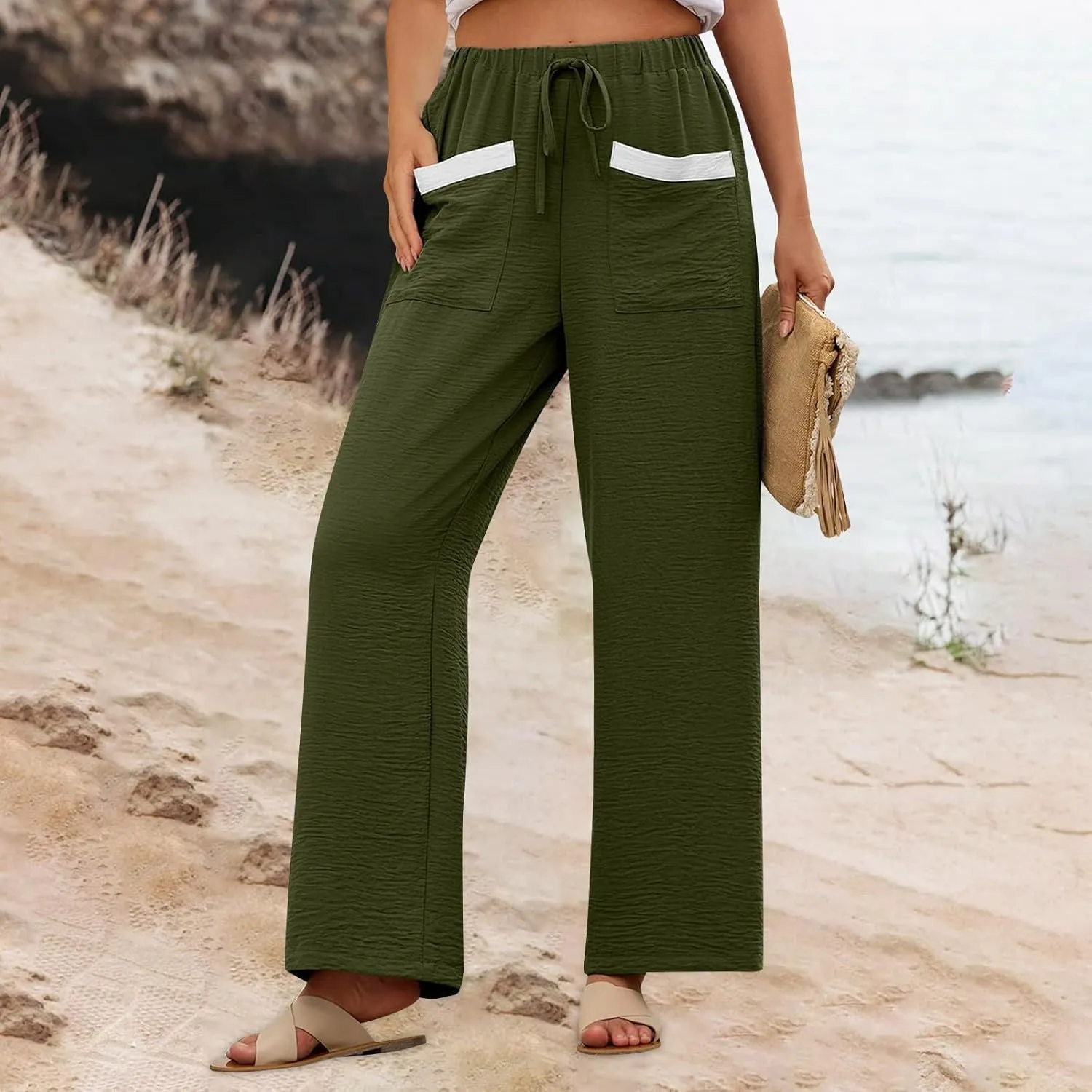 Linen Pants Women 2025 Summer Drawstring Elastic High Waisted Wide Leg Beach Pants Lounge Baggy Vacation Trousers w/Pockets