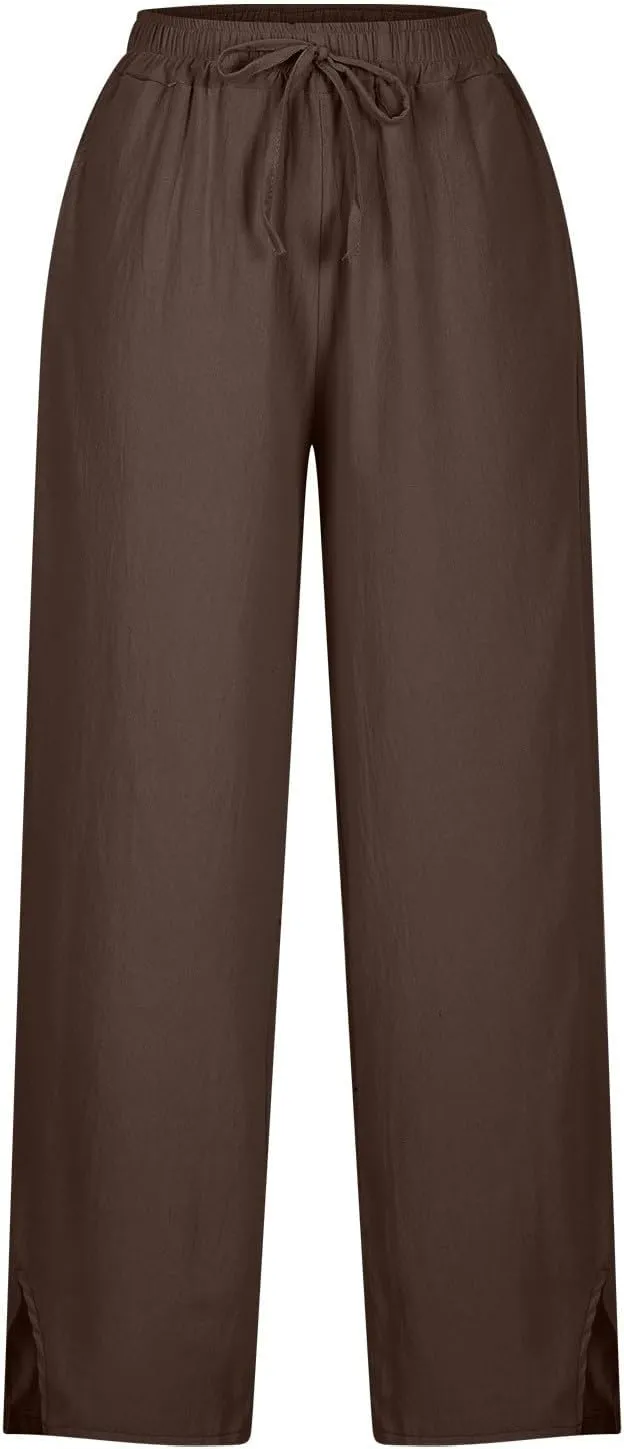 Linen Pants Women 2025 Summer Elastic High Waist Straight Leg Lounge Pant Comfy Soft Beach Trouser Casual Resort Wear