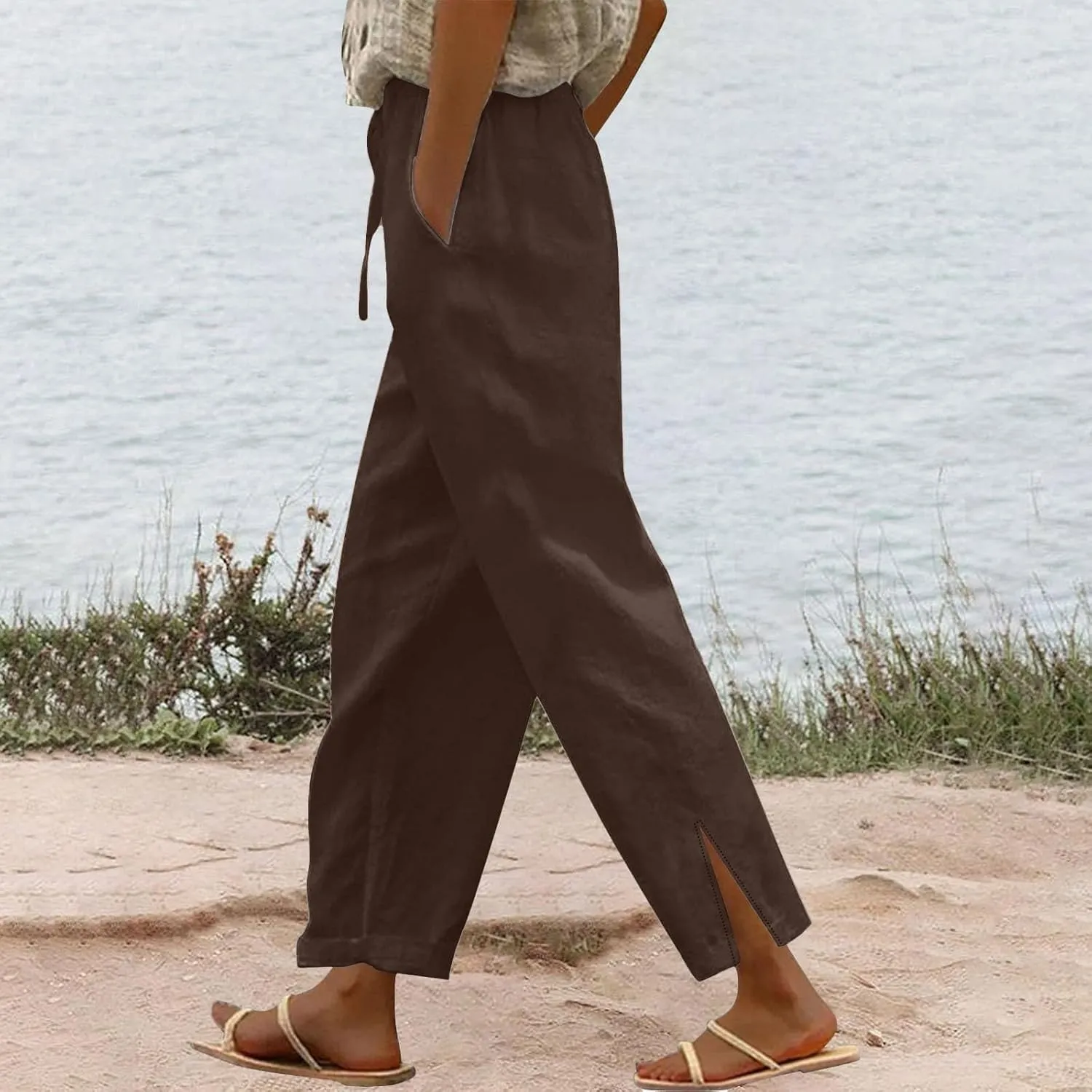 Linen Pants Women 2025 Summer Elastic High Waist Straight Leg Lounge Pant Comfy Soft Beach Trouser Casual Resort Wear