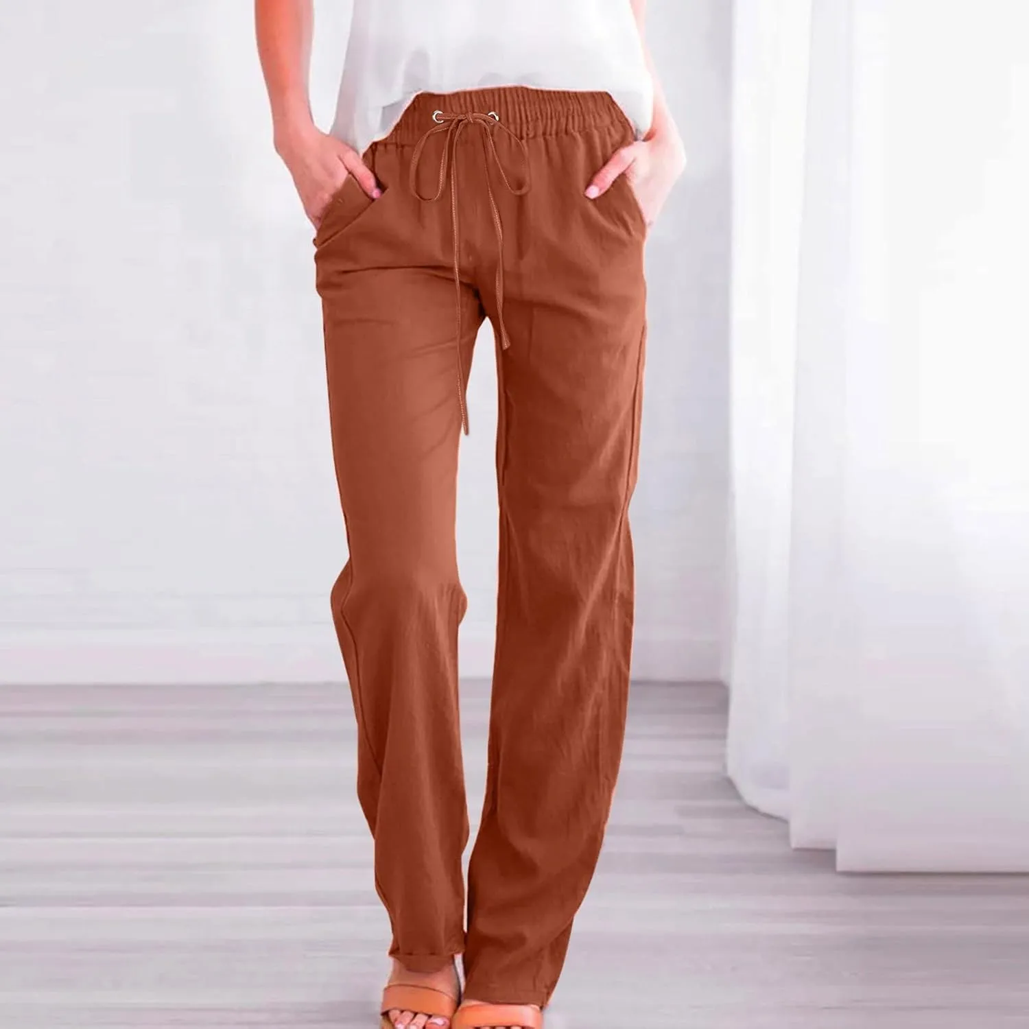 Linen Pants Women Comfy Elastic Waist Long Slim Fit High Waist Palazzo Pants Casual Cotton Lounge Pants with Pockets