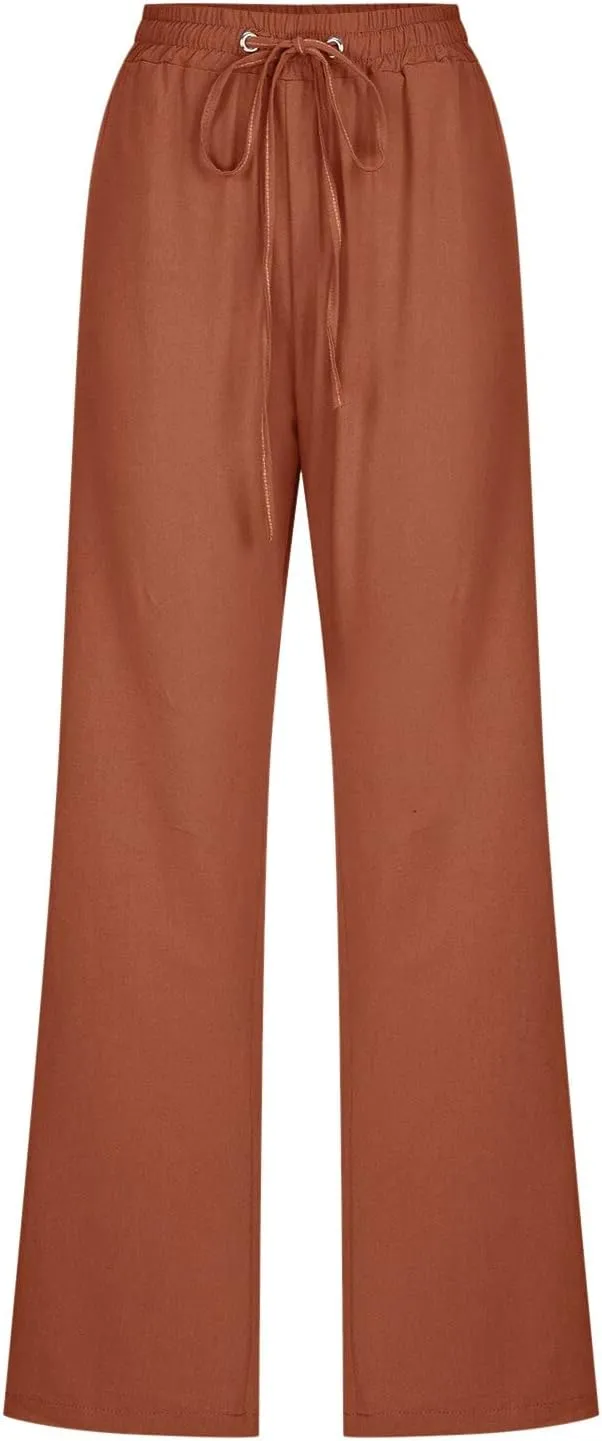 Linen Pants Women Comfy Elastic Waist Long Slim Fit High Waist Palazzo Pants Casual Cotton Lounge Pants with Pockets
