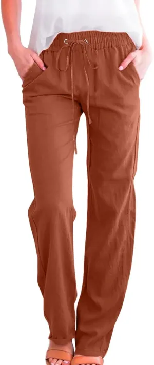 Linen Pants Women Comfy Elastic Waist Long Slim Fit High Waist Palazzo Pants Casual Cotton Lounge Pants with Pockets