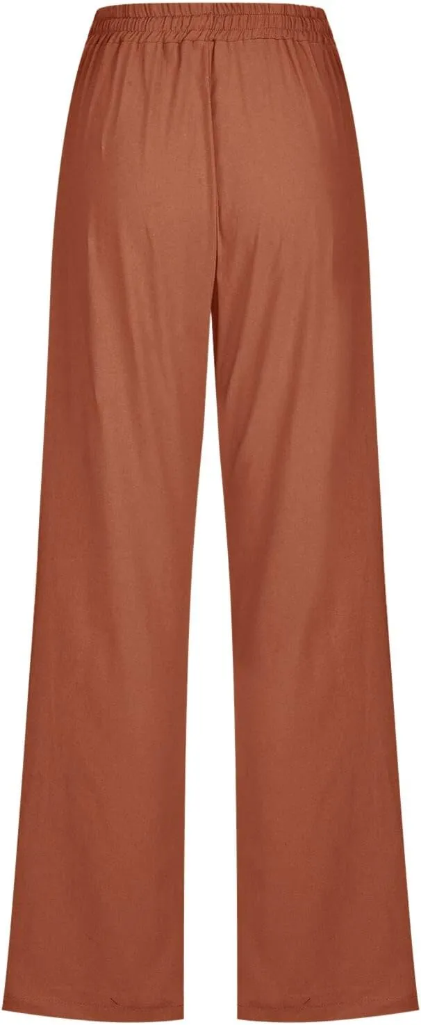 Linen Pants Women Comfy Elastic Waist Long Slim Fit High Waist Palazzo Pants Casual Cotton Lounge Pants with Pockets
