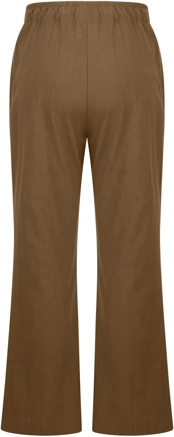 Linen Pants Women Cotton Linen Summer Palazzo Pants Flowy Wide Leg Beach Trousers Vacation Travel Pants with Pockets