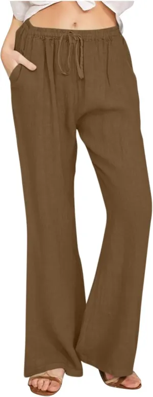 Linen Pants Women Cotton Linen Summer Palazzo Pants Flowy Wide Leg Beach Trousers Vacation Travel Pants with Pockets