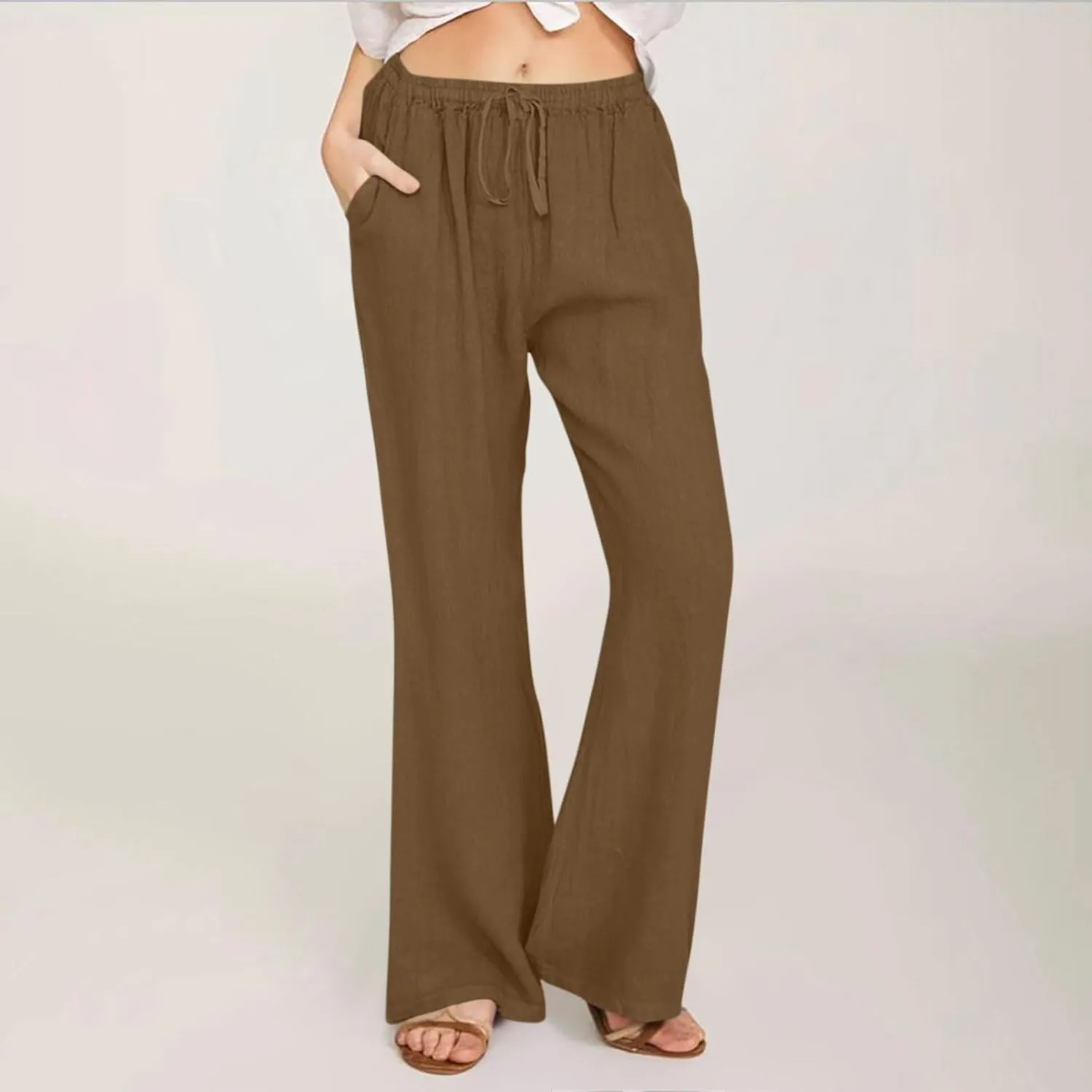 Linen Pants Women Cotton Linen Summer Palazzo Pants Flowy Wide Leg Beach Trousers Vacation Travel Pants with Pockets