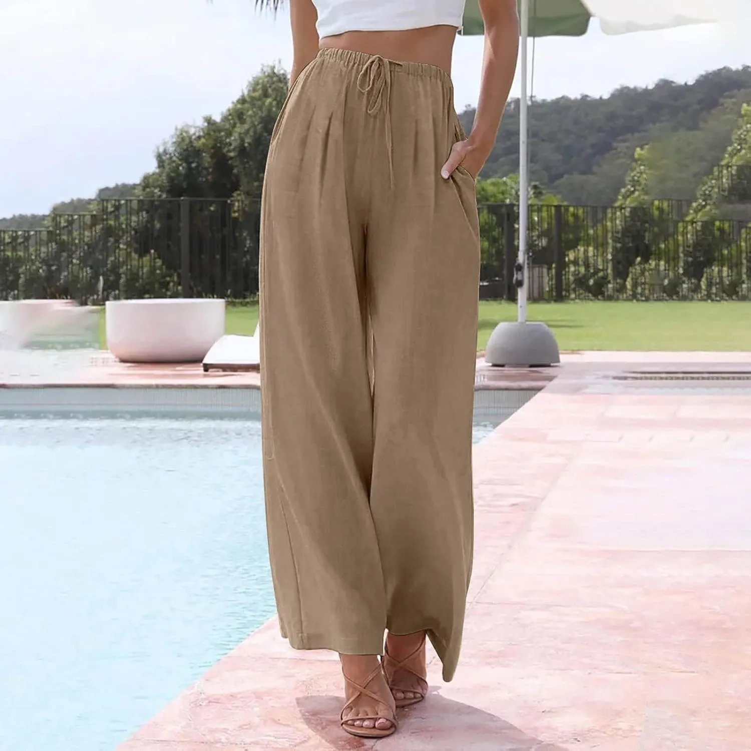 Linen Pants Women Drawstring Elastic Waist Wide Leg Loose Fit Summer Trouser Palazzo Pants Women with Pockets