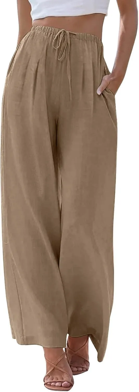 Linen Pants Women Drawstring Elastic Waist Wide Leg Loose Fit Summer Trouser Palazzo Pants Women with Pockets