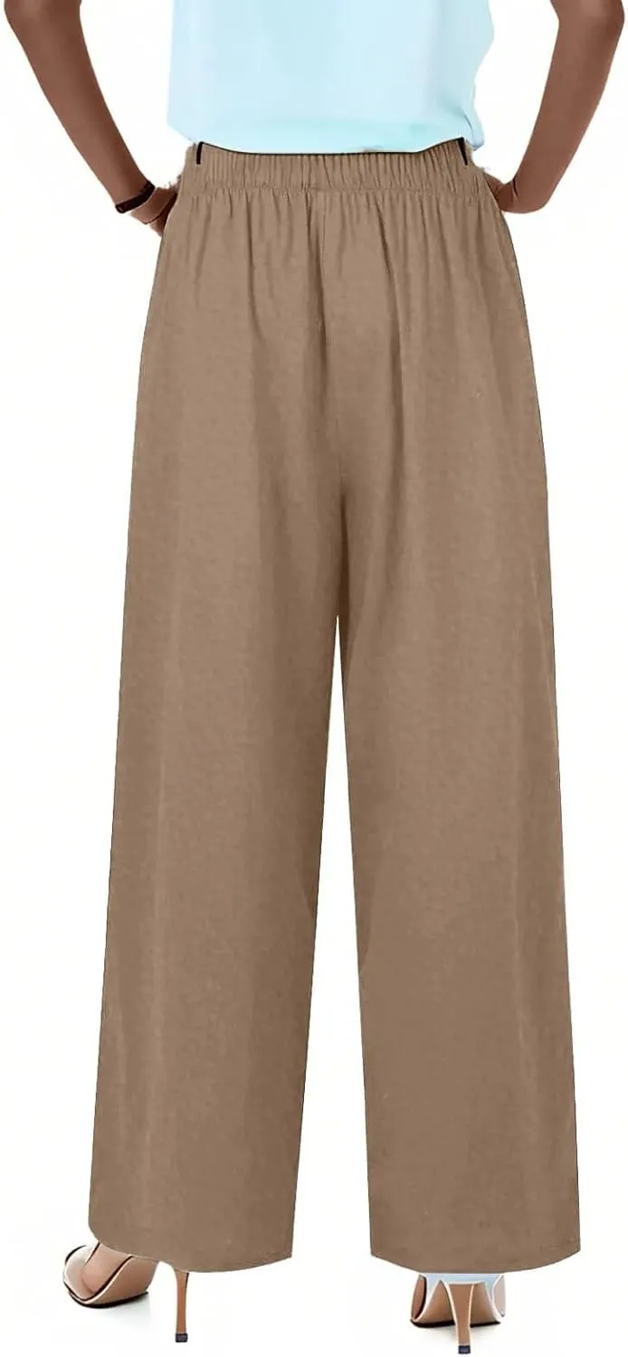 Linen Pants Women Drawstring Elastic Waist Wide Leg Loose Fit Summer Trouser Palazzo Pants Women with Pockets