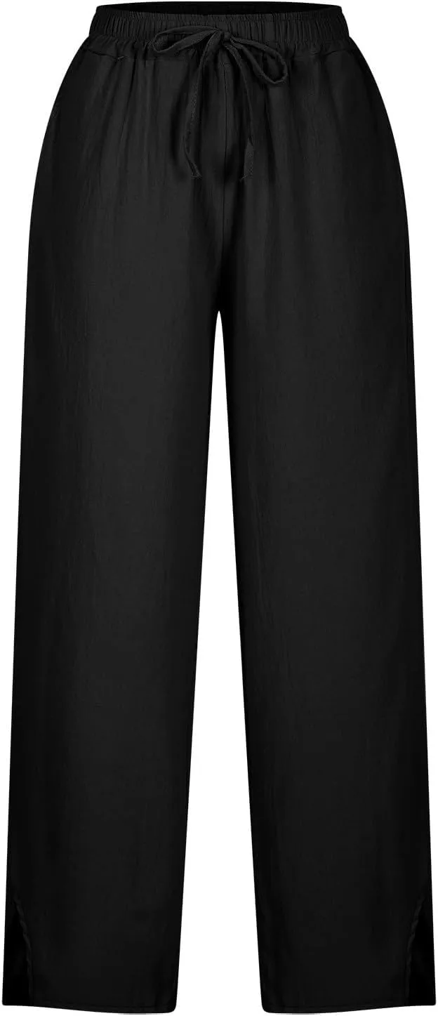 Linen Pants Women High Waisted Elastic Drawstring Beach Pants Casual Loose Lightweight Wide Leg Trousers with Pockets