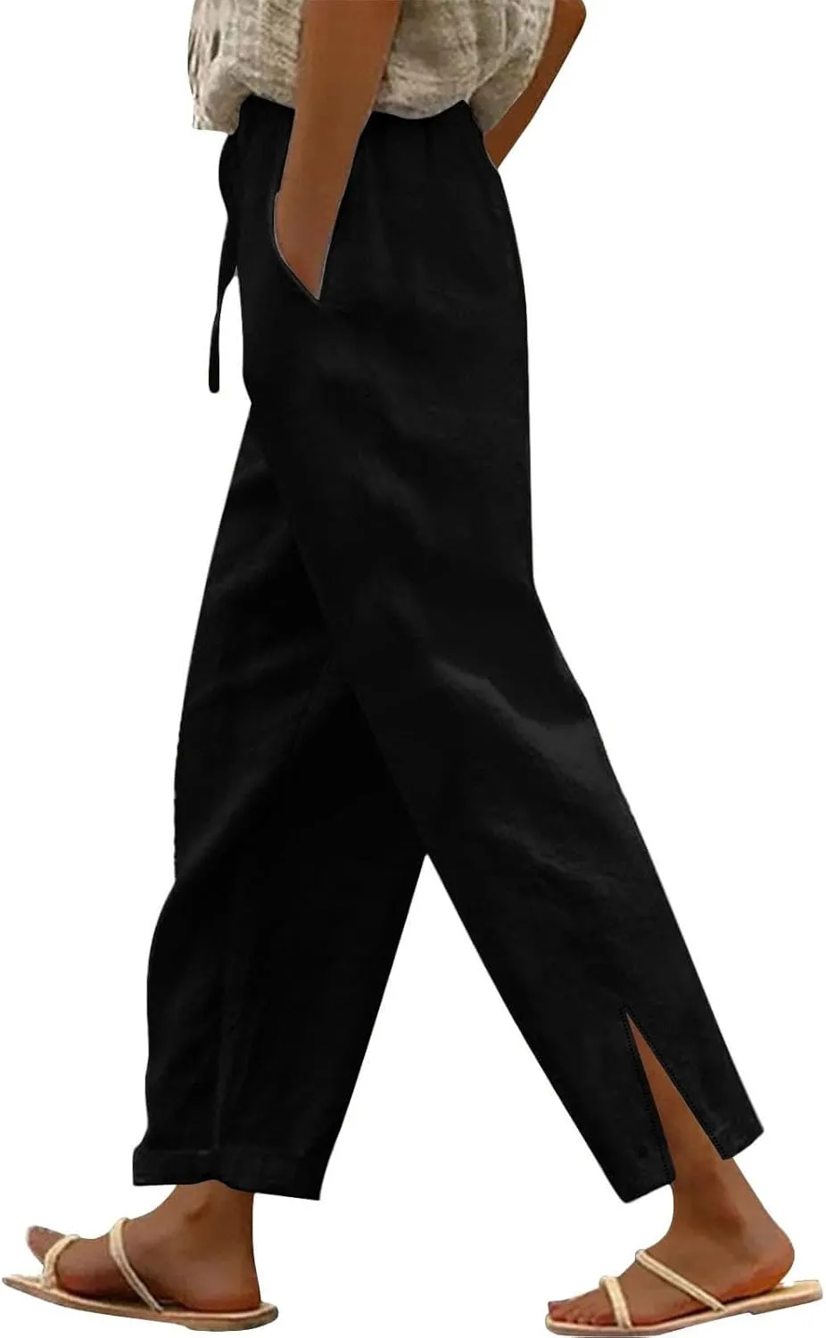 Linen Pants Women High Waisted Elastic Drawstring Beach Pants Casual Loose Lightweight Wide Leg Trousers with Pockets