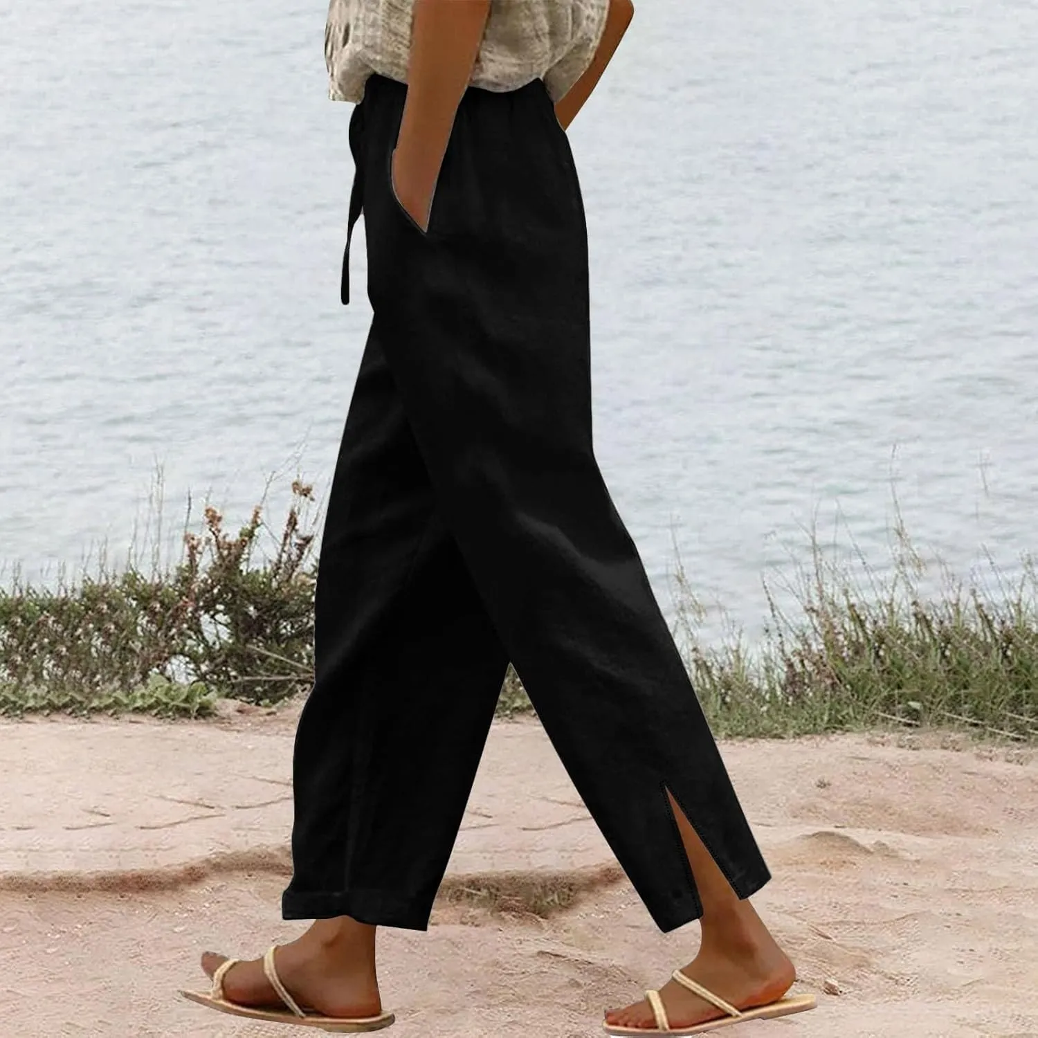 Linen Pants Women High Waisted Elastic Drawstring Beach Pants Casual Loose Lightweight Wide Leg Trousers with Pockets