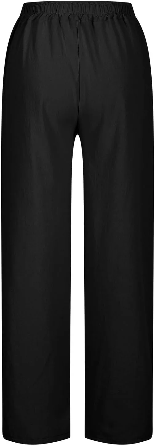 Linen Pants Women High Waisted Elastic Drawstring Beach Pants Casual Loose Lightweight Wide Leg Trousers with Pockets