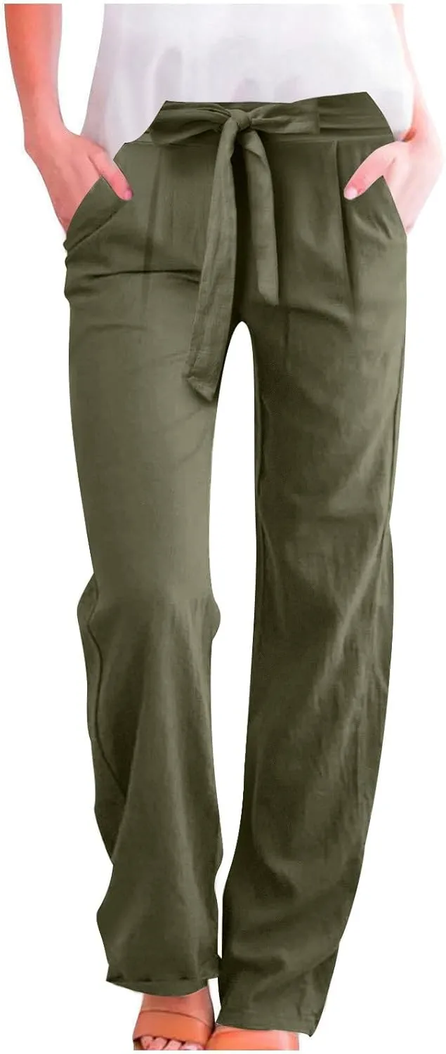 Linen Pants Women Long Summer Vacation Beach Pants Casual Cotton Linen Soft Comfy Lounge Pants Trousers with Pockets