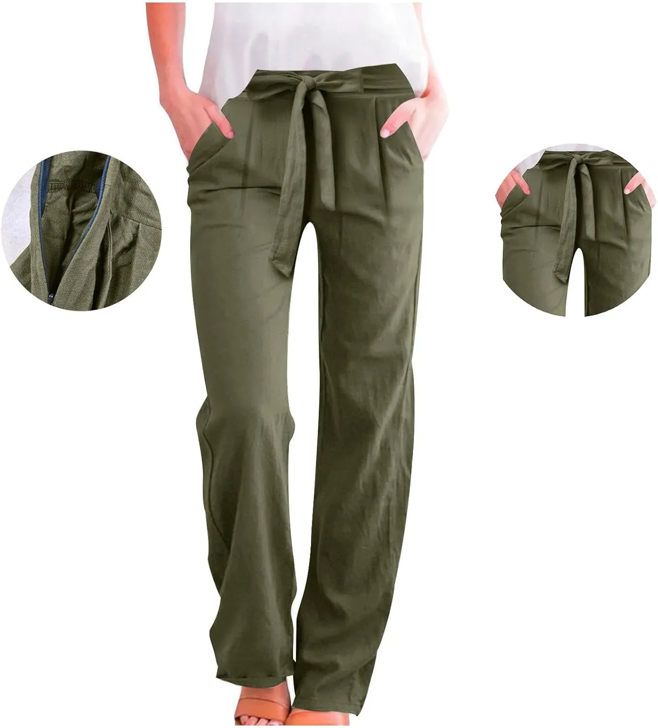 Linen Pants Women Long Summer Vacation Beach Pants Casual Cotton Linen Soft Comfy Lounge Pants Trousers with Pockets