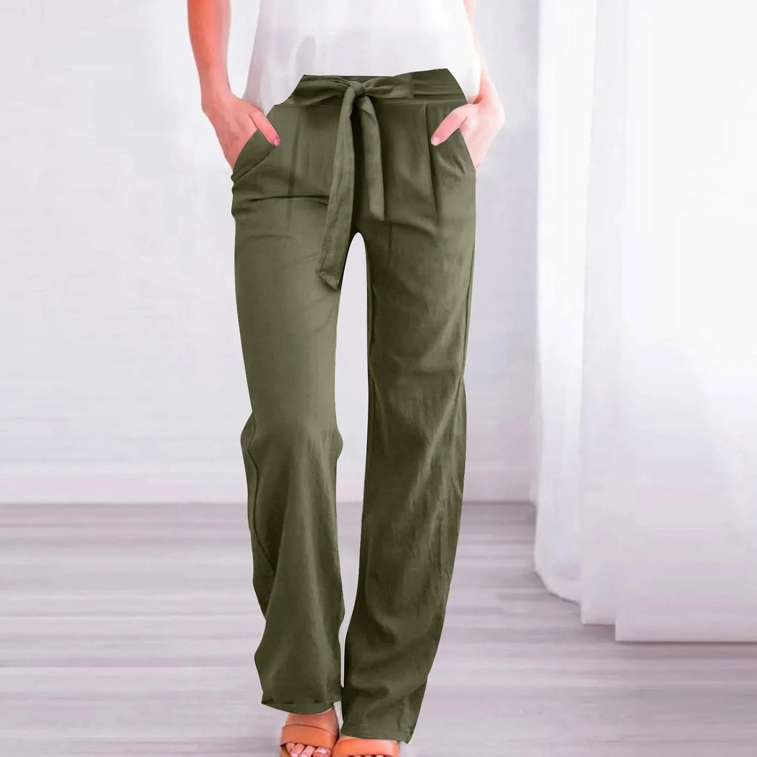 Linen Pants Women Long Summer Vacation Beach Pants Casual Cotton Linen Soft Comfy Lounge Pants Trousers with Pockets