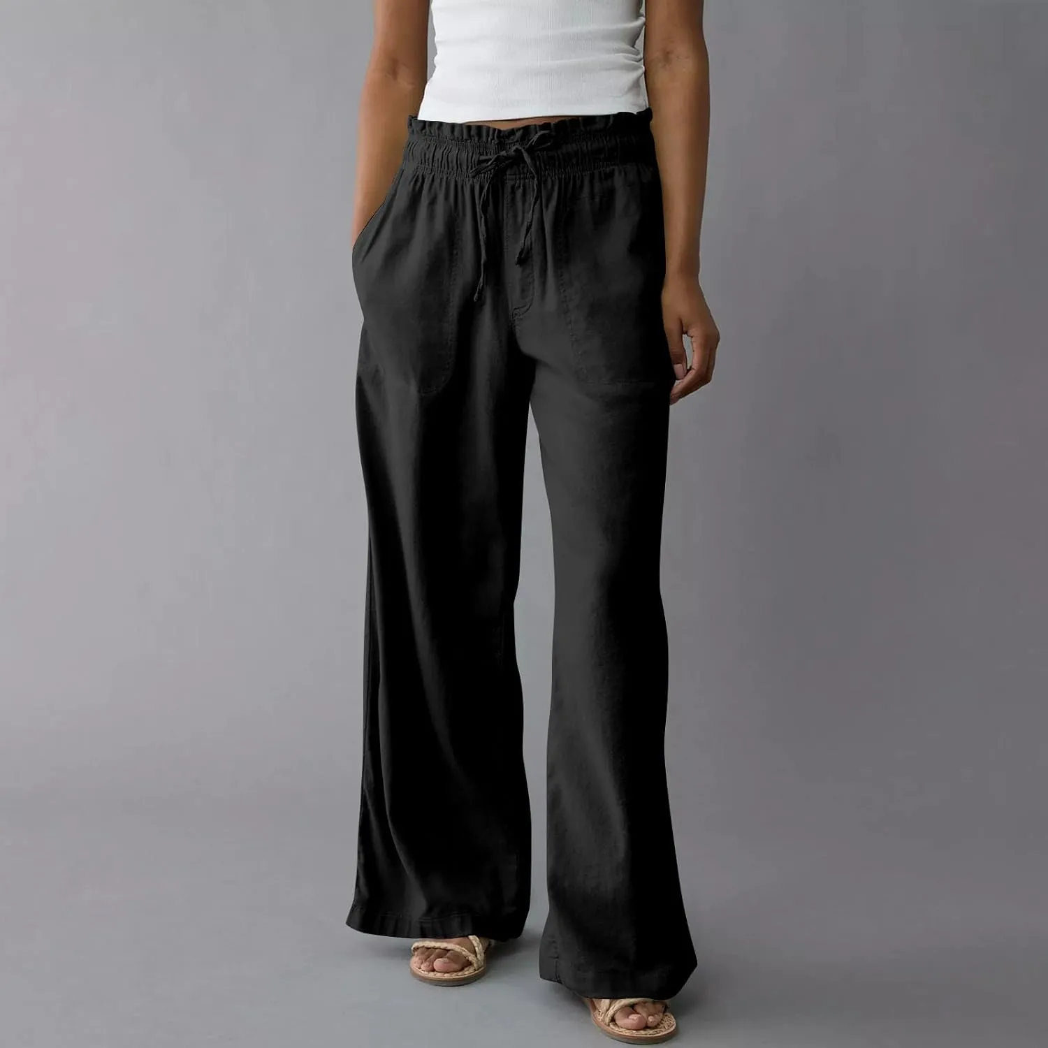 Linen Pants Women Summer Drawstring Elastic Waist Pants Straight Leg Comfy Flowy Cotton Linen Beach Palazzo Trousers