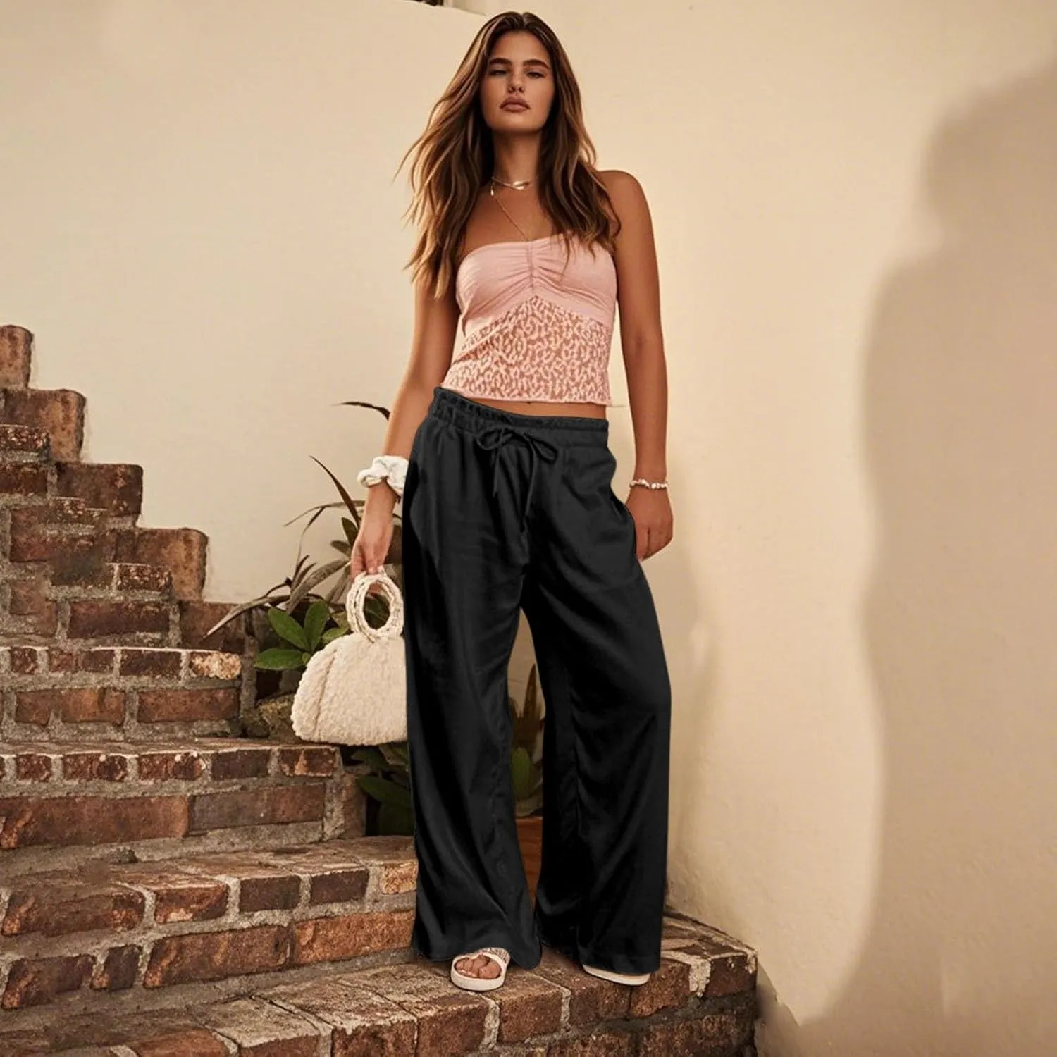 Linen Pants Women Summer Drawstring Elastic Waist Pants Straight Leg Comfy Flowy Cotton Linen Beach Palazzo Trousers