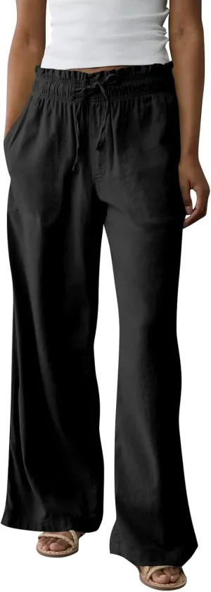 Linen Pants Women Summer Drawstring Elastic Waist Pants Straight Leg Comfy Flowy Cotton Linen Beach Palazzo Trousers