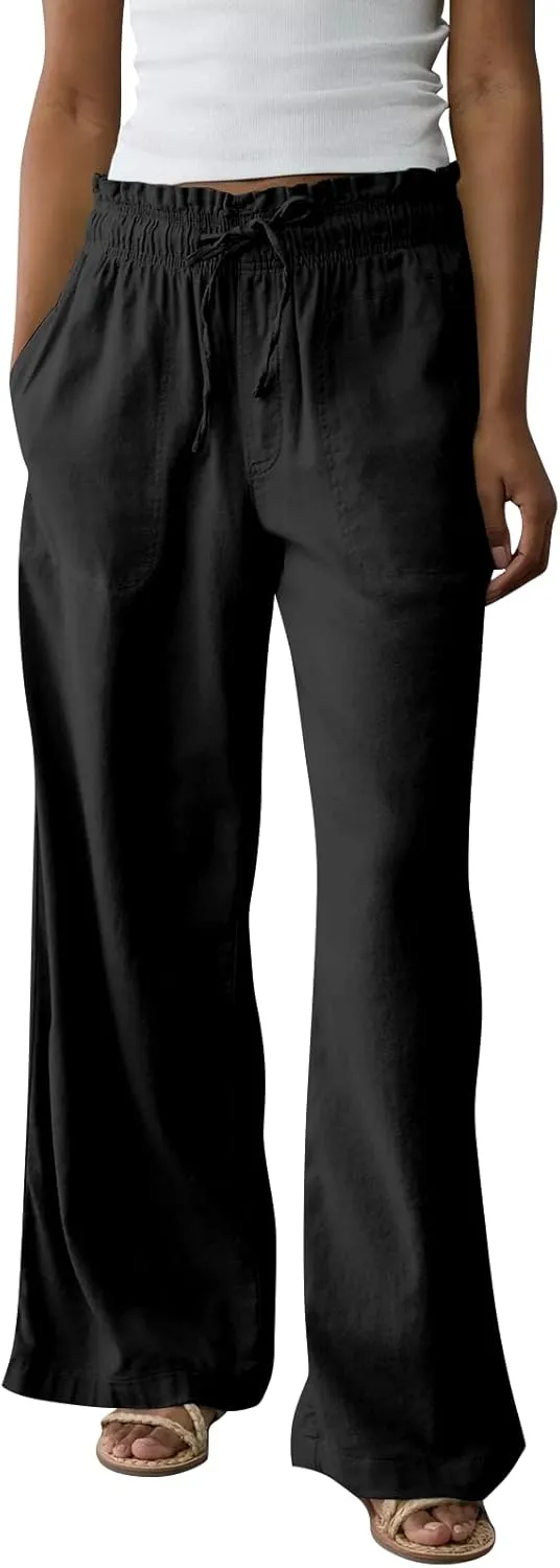 Linen Pants Women Summer Drawstring Elastic Waist Pants Straight Leg Comfy Flowy Cotton Linen Beach Palazzo Trousers