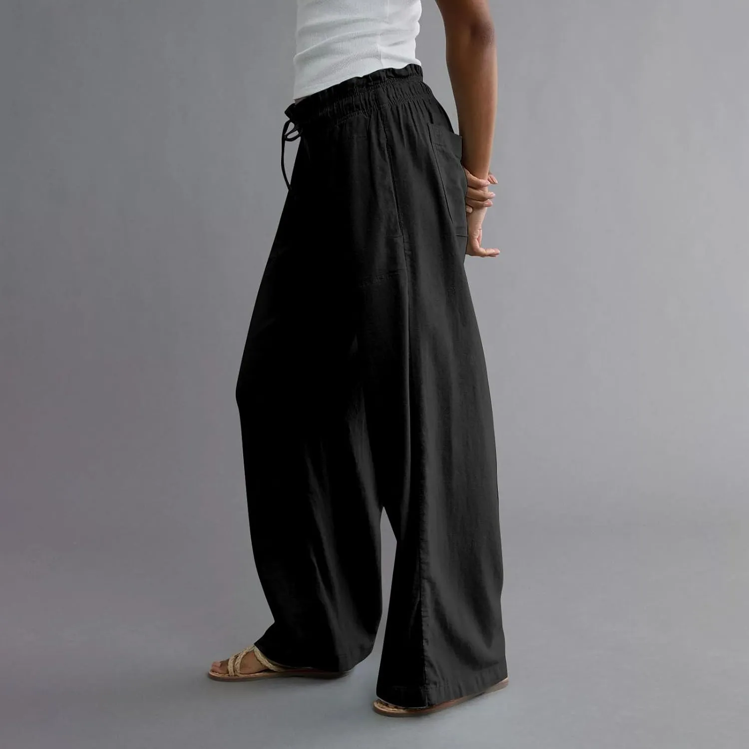 Linen Pants Women Summer Drawstring Elastic Waist Pants Straight Leg Comfy Flowy Cotton Linen Beach Palazzo Trousers