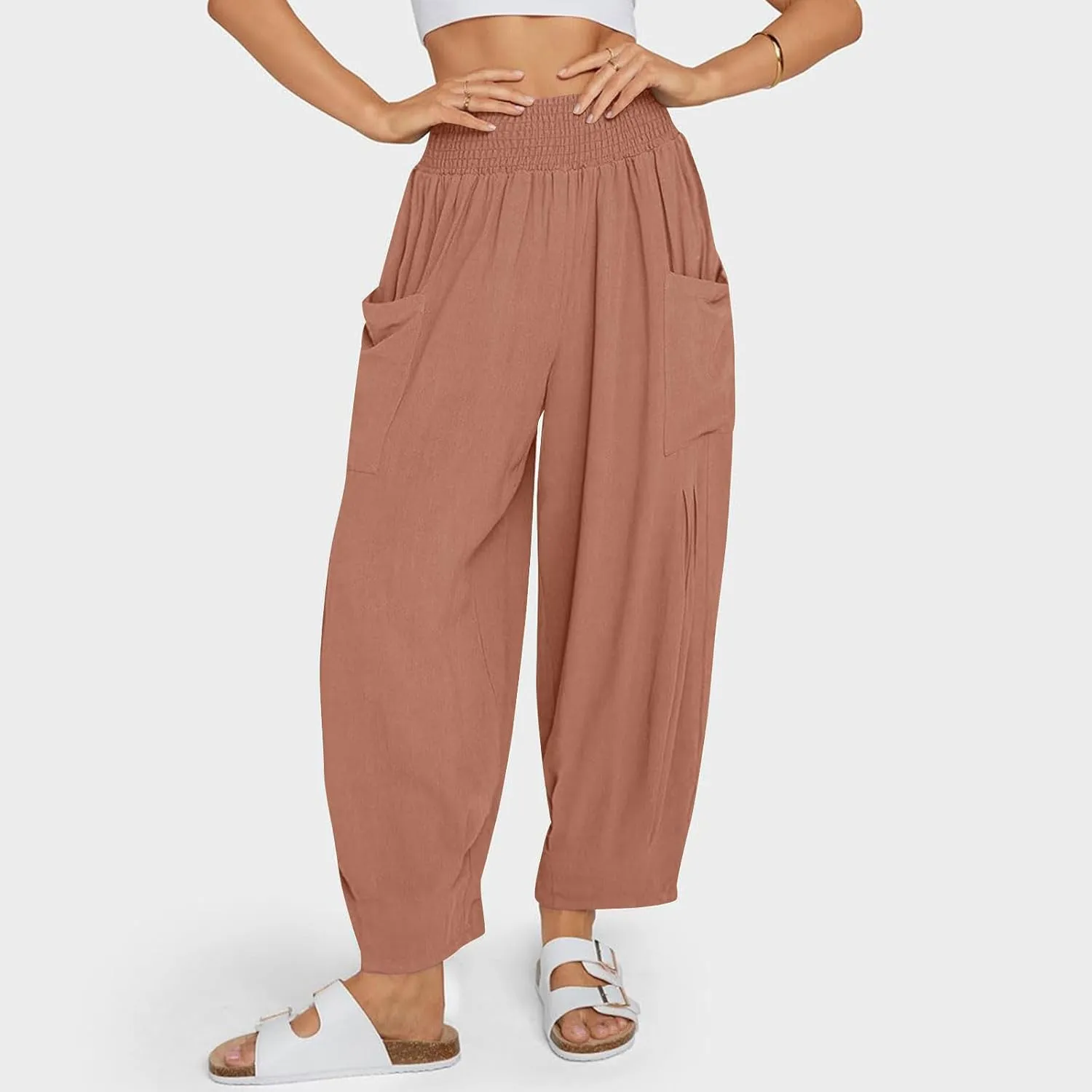 Linen Pants Women Summer Trendy Casual Elastic Waisted Wide Leg Pants Plus Size Loose Fit Lounge Trousers with Pockets