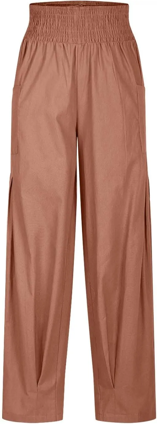 Linen Pants Women Summer Trendy Casual Elastic Waisted Wide Leg Pants Plus Size Loose Fit Lounge Trousers with Pockets