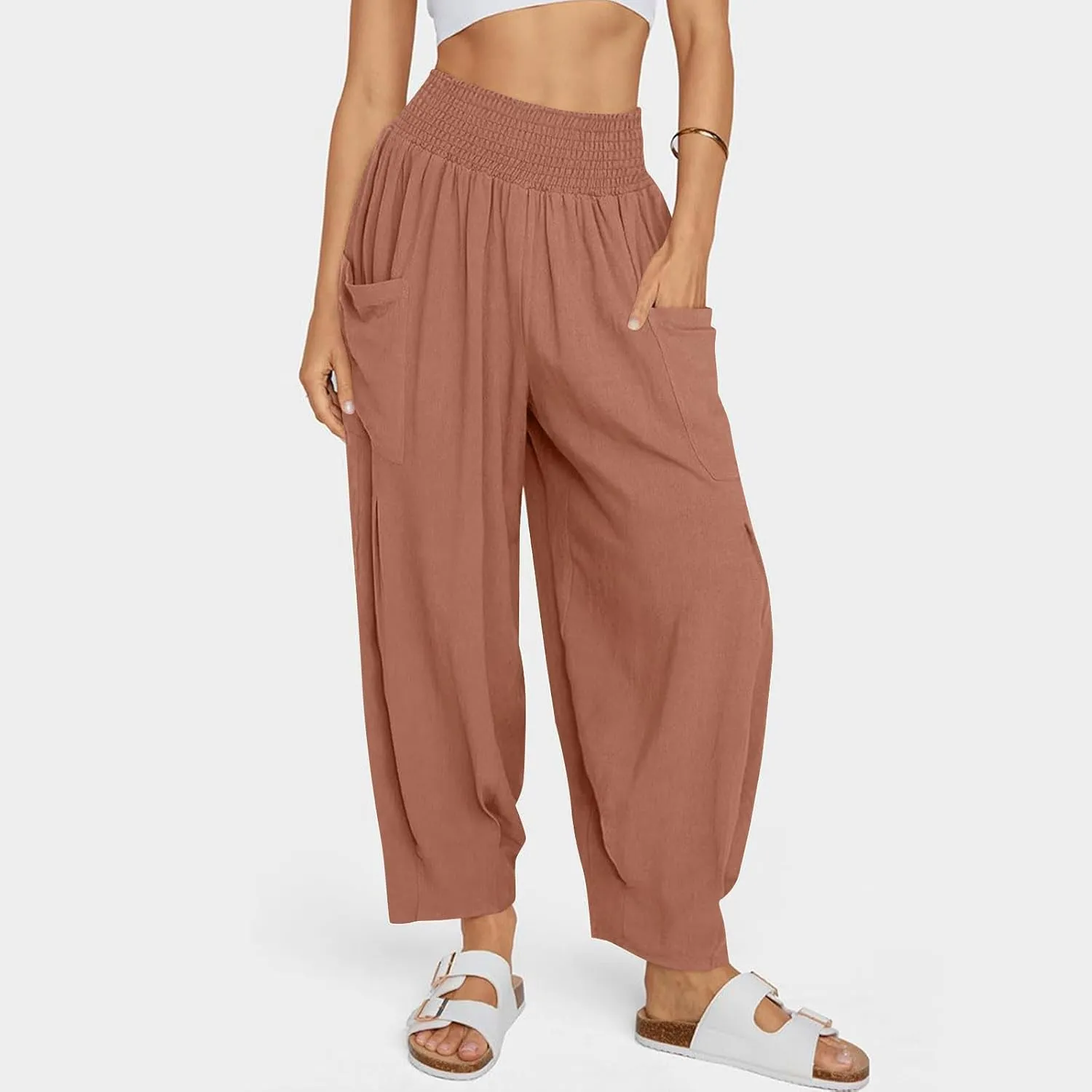 Linen Pants Women Summer Trendy Casual Elastic Waisted Wide Leg Pants Plus Size Loose Fit Lounge Trousers with Pockets