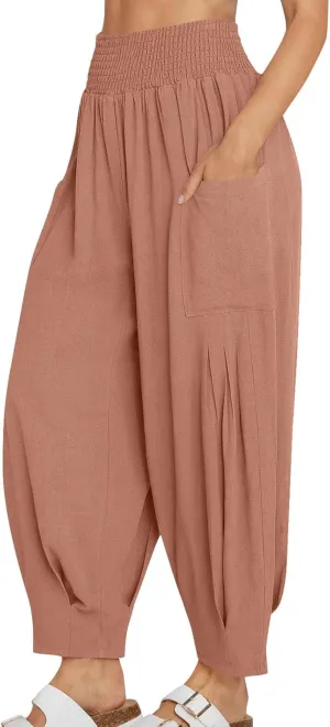 Linen Pants Women Summer Trendy Casual Elastic Waisted Wide Leg Pants Plus Size Loose Fit Lounge Trousers with Pockets
