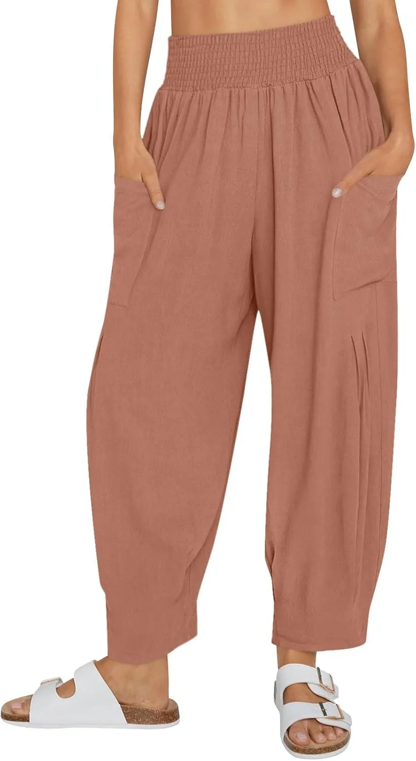 Linen Pants Women Summer Trendy Casual Elastic Waisted Wide Leg Pants Plus Size Loose Fit Lounge Trousers with Pockets