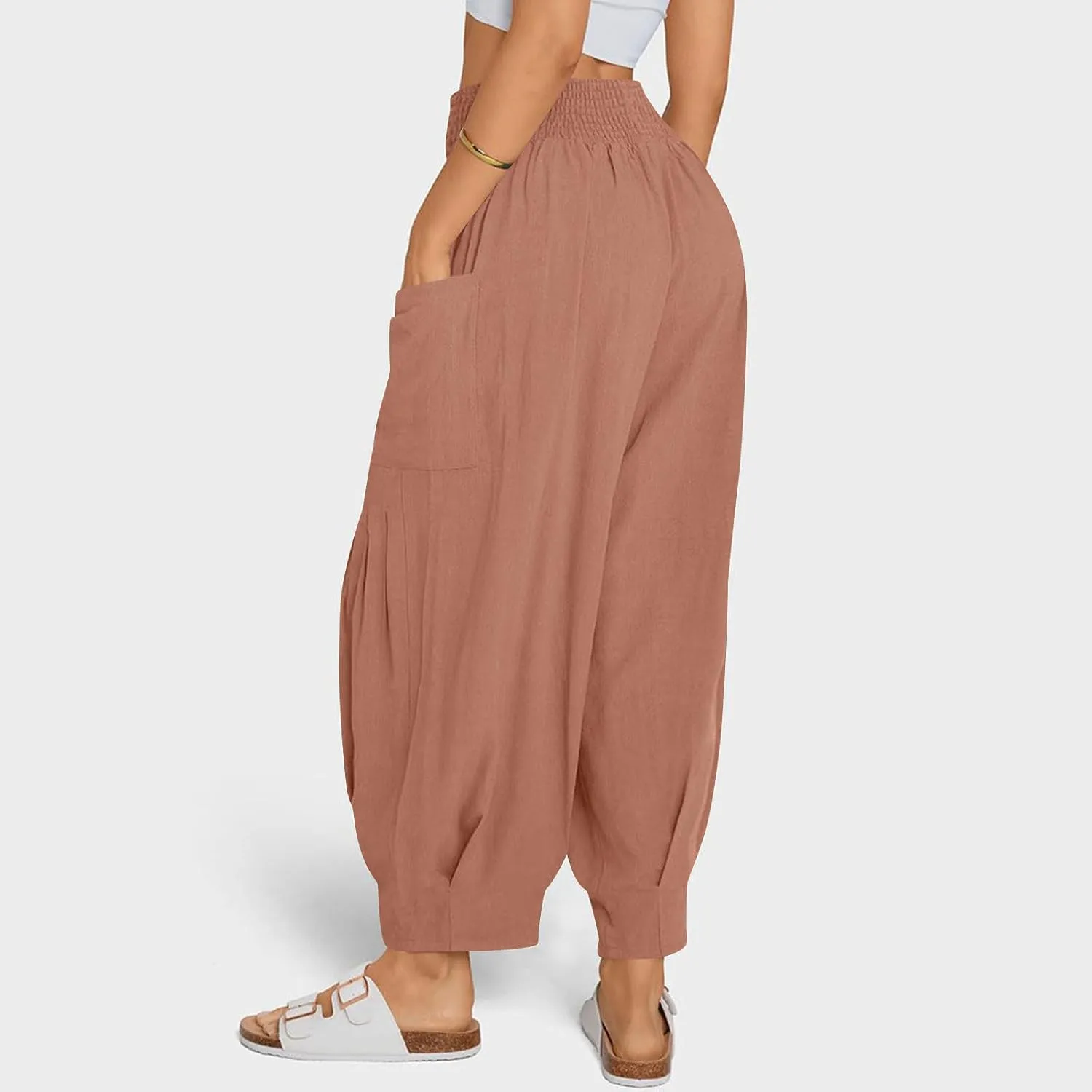 Linen Pants Women Summer Trendy Casual Elastic Waisted Wide Leg Pants Plus Size Loose Fit Lounge Trousers with Pockets