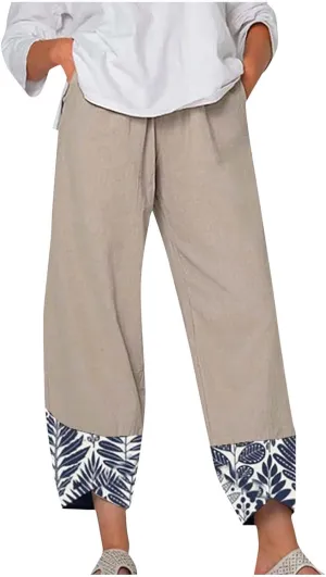 Linen Pants Women Summer Trendy Casual Pants Elastic Waisted Spliced Printed Loose Fit Lounge Trousers with Pockets