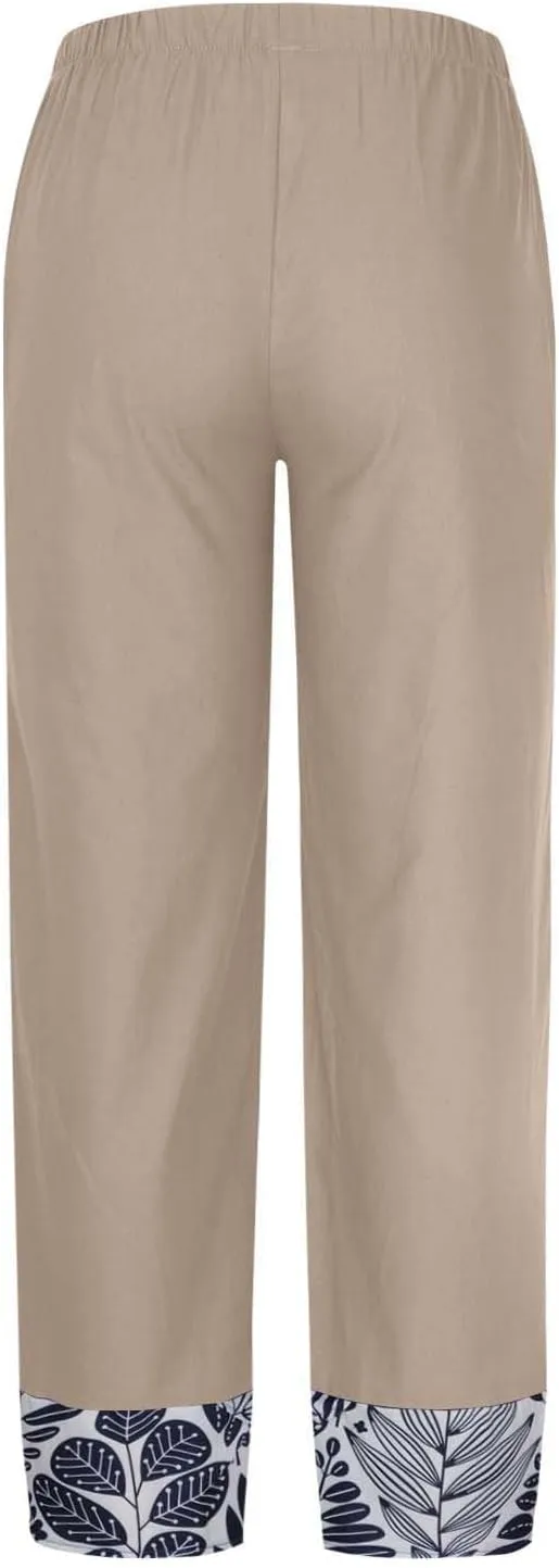 Linen Pants Women Summer Trendy Casual Pants Elastic Waisted Spliced Printed Loose Fit Lounge Trousers with Pockets