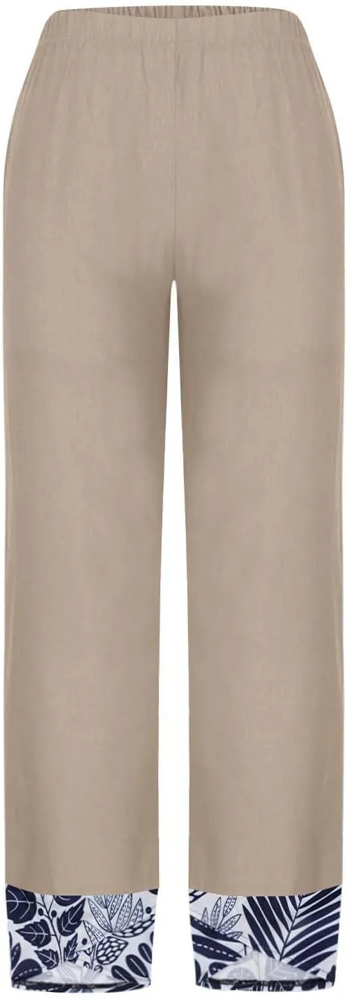 Linen Pants Women Summer Trendy Casual Pants Elastic Waisted Spliced Printed Loose Fit Lounge Trousers with Pockets