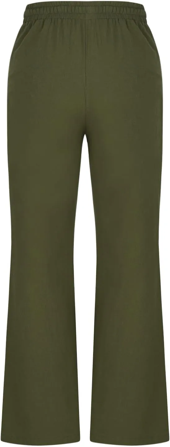 Linen Pants Women Summer Trendy High Waisted Wide Leg Pants Plus Size Comfy Casual Bootcut Trousers with Pockets