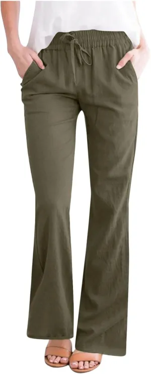 Linen Pants Women Summer Trendy High Waisted Wide Leg Pants Plus Size Comfy Casual Bootcut Trousers with Pockets