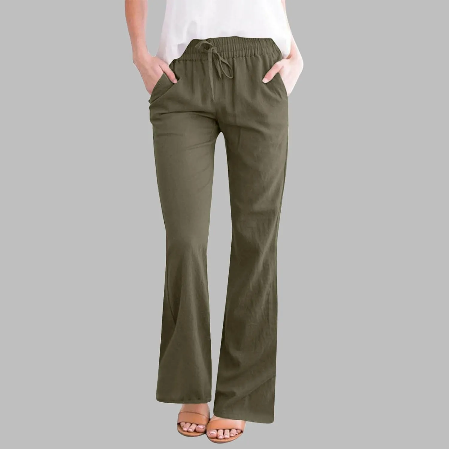 Linen Pants Women Summer Trendy High Waisted Wide Leg Pants Plus Size Comfy Casual Bootcut Trousers with Pockets
